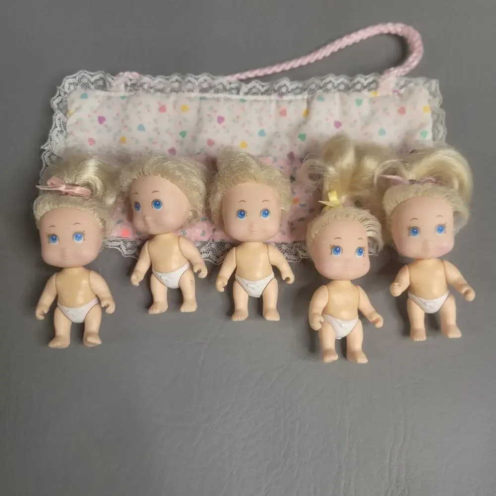 Tyco Quints Set of 5 Tiny Baby Dolls 1990 Vintage Bunting Sleeping Bag